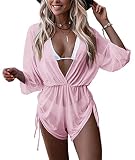 GAMISOTE Women's Beach Cover Up Low Cut Bikini Swim Bathing Suit Short Jumpsuits Pink