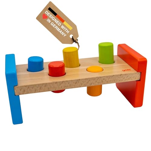 Image of Goki Wooden Pound-A-Peg Toy with Hammer | Classic Pounding Bench for 2 Year Olds | Preschool Learning & Montessori Activity Set - Durable Educational Birthday Gift for Toddlers