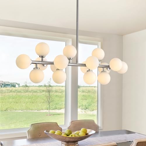 APBEAMLighting 39'' Brushed Nickel and Milky White Mid Century Modern Pendant Lights Dimmable Glass Globe Sputnik Chandelier 16 Lights Linear Chandelier Light Fixtures for Kitchen Island Dining Room by APBEAMLighting - Image 2