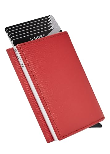 Jenoss Smart Wallet For Men & Women: Full Grain Leather, Handcrafted, Slide Metal Pop Up Case, Slim RFID Blocking Credit Card Holder Minimalist Compact 12 Cards Slot Organizers ID Clip (Red & Silver)