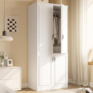 Armoire Wardrobe Closet with 4 Door, 74.8″ Large Wardrobe Cabinet with Hanging Rod, Freestanding Modern Bedroom Armoire Storage Cabinet, White