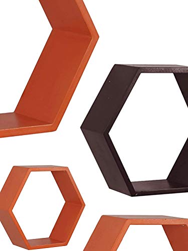 Image of BAS Engineered Wood Brown Art Decorative Display With Hexagon Shape Set Of 6 Floating Wall Shelves And Racks For Living Room (Brown & Orange)