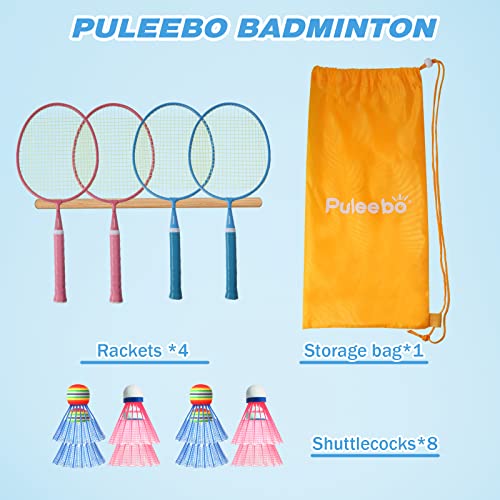 PULEEBO Kids Badminton Racket Set - Children Beginner Family Outdoor Camping Badminton Sport Game Steel Alloy Badminton Racket Including 4 Rackets 8 Shuttlecocks 1 Storage Bag - Thumbnail 2
