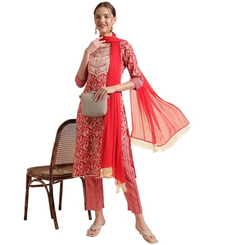 Image of NAINVISH Cotton Blend Kurti Pant & Dupatta | Kurta Set for Women | Women Kurta Pant Dupatta Set | Kurta Pant with Dupatta Set | Embroidered Kurta Pant Dupatta Set