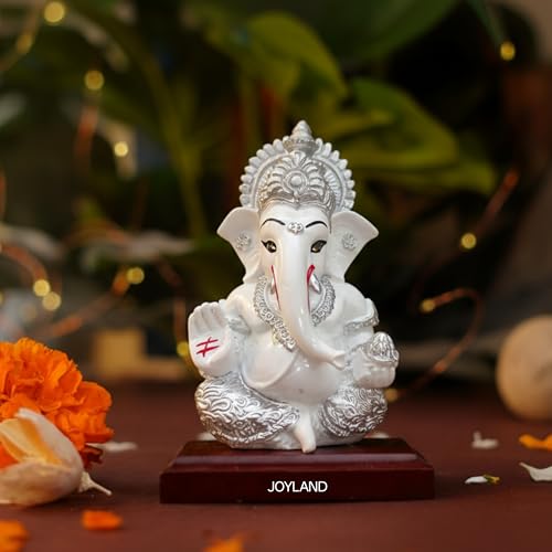 Image of JOY LAND Lord Ganesha Car Dashboard Idol | White & Gold Ganesh Murti for Car Dashboard, Home & Office Decor (White Silver)