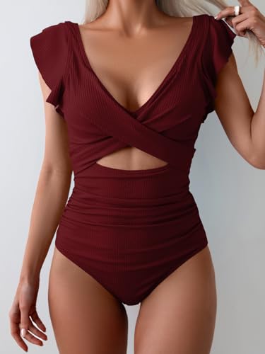 Image of B2prity One Piece Swimsuits for Women Ruffle Sleeve V Neck Bathing Suit Tummy Control Cutout Monokini Slimming Swimwear