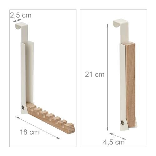 Relaxdays Klapphaken, zum Einhängen, Türgarderobe für 6 Kleiderbügel, Metall und Holz, Haken für 2 cm Türfalz, Creme