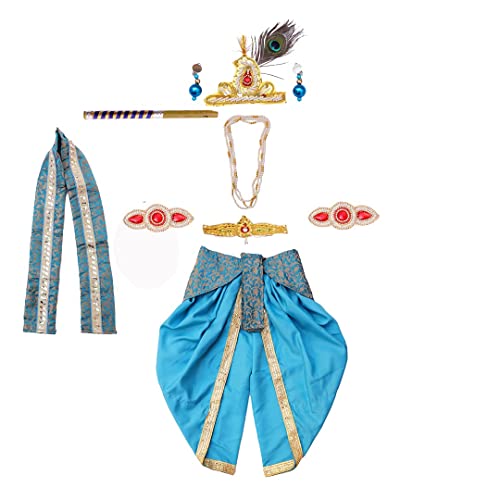 Image of ITSMYCOSTUME Krishna Dress for Baby Boy Kids Set of 10(Dhoti,Patka,Hip Cover,Mukut,Morpankh,Bansuri,Kamarband,Bajuband,Kundal) Little Krishna Ji Kanha Janmasthmi Costume for Kids