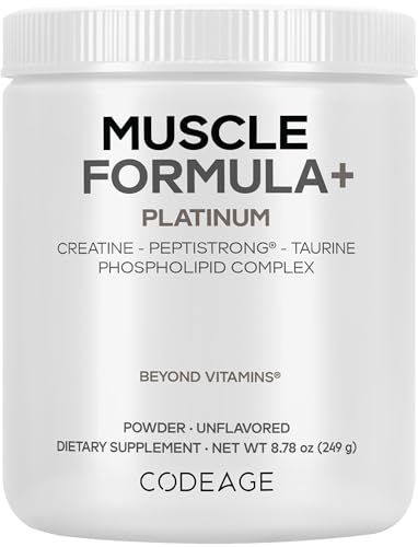 Codeage Muscle Formula+ Platinum Supplement - Creatine Monohydrate PeptiStrong Fava Bean Protein Hydrolysate Taurine Vitamin D3 Liposomal Delivery - Non-GMO - Unflavored Protein Powder - 8.78 Oz