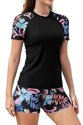 SHEKINI Women's Built in Bra 2 Piece Rash Guard Swimsuits with Short Sleeved Top & Boyshort (Black+Leaf, Small)