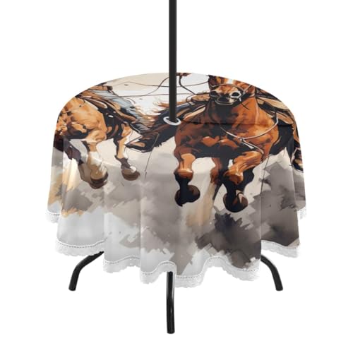 Wajiw 60 Inch Indoor Outdoor Round Tablecloth with Umbrella Hole and Zipper Waterproof Patio Table Cover for Camping Dining Room Party Outdoor Picnic,Western Desert Cowboy