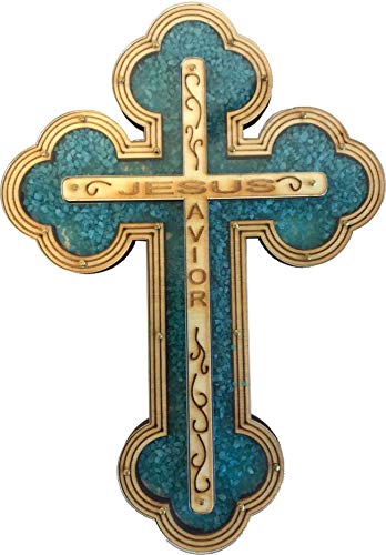 Holy Land Market Engraved Wall Cross from Bethlehem filled with semi precious stones and stones card (8, Turquiose)