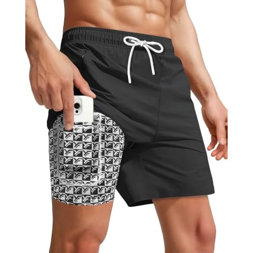 Yufawow 7 Inch Men Swim Trunks with Compression Liner Quick Dry Drawstring Male Swimtrunks for Beach Summer Water Park