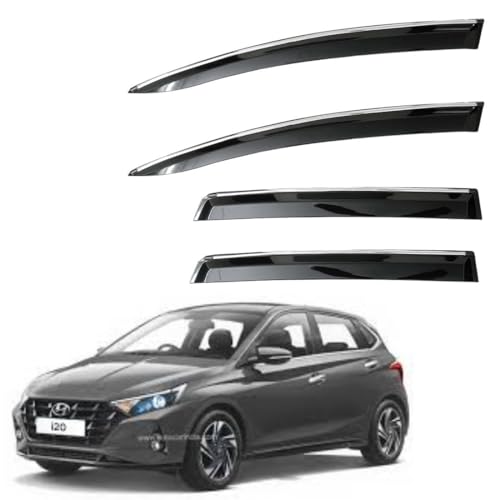 Image of CAR SAAZ Unbreakable Chrome Smoke Door Visor for I20 (2020-Present)| Premium Sun, Rain Wind Deflector Chrome Strip Side Door Rain Visor - Set of 4 Pcs