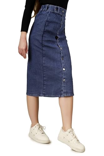 Image of Western Straight Stylish Comfortable Long Two Button Up Slit Dobby Denim Skirt for Women & Girls