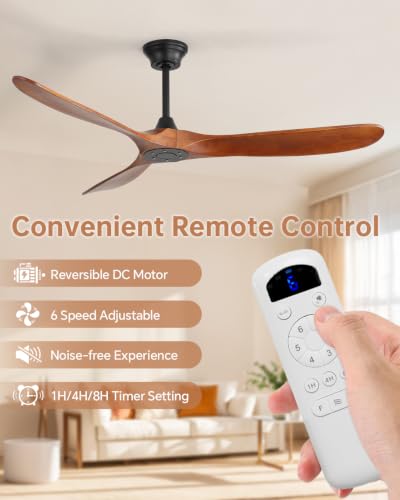 Image of Sofucor 60 Inch Wood Ceiling Fan No Light with Remote, Modern, 3 Blades | Without Light, Quiet Reversible DC Motor, 6 Speed, Timer, Indoor /Covered Outdoor /Bedroom /Living Room /Patio /Farmhouse, Brown