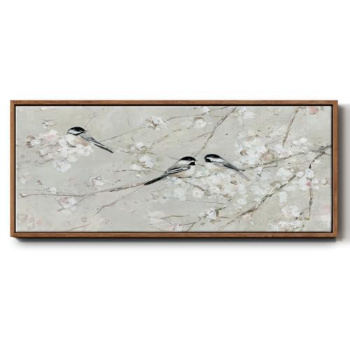 Renditions Gallery Songbirds Artwork Birds Singing on Floral Branch Floater Frame Decor Paintings for Bedroom Office Kitchen - 24"X60" WALNUT Frame GAL042