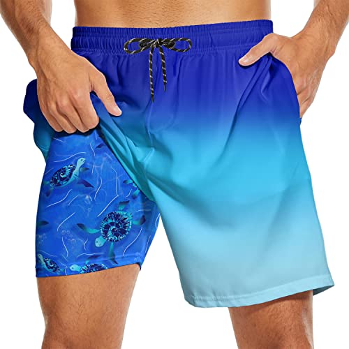 Turtle Mens Swim Trunks with Compression Liner Board Shorts Blue Gradient Men Swimming Trunks Swimwear 7 Inch Inseam2
