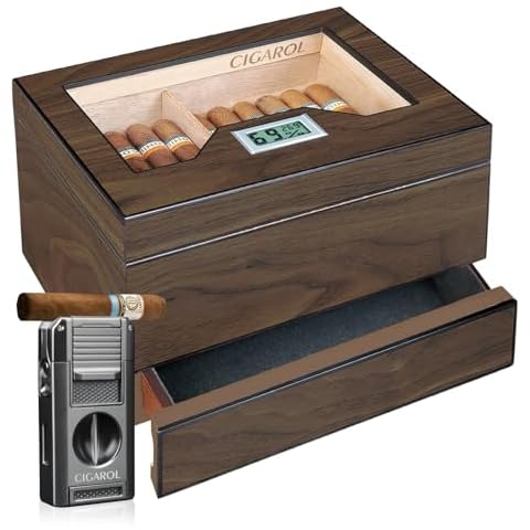 All-in-One Cigar Lighter with Punch, Cutter, Stand & Cigar Humidor Box for 30-50 Cigars – Premium Cedar Wood, Adjustable Divider, Hygrometer for Humidity Control Cover