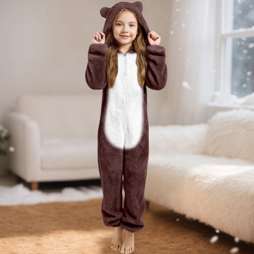 Fleece Onesie for Kids Zip Up Onesies with Bear Hood Winter Warm Fleece Pyjamas Sleepsuits Boys Girls Soft Fluffy Jumpsuit Romper Cozy Warm Comfortable All in One Loungewear (Brown, 10-11 Years) - Image 4