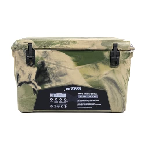 Xspec 60QT Quart Roto Molded High Performance Cooler, Camouflage, Pro Tough Outdoor Ice Chest, Durable Stylish Rotomolded with Bottle Openers, with Vacuum Release Valve and Easy Snap Tight Latches
