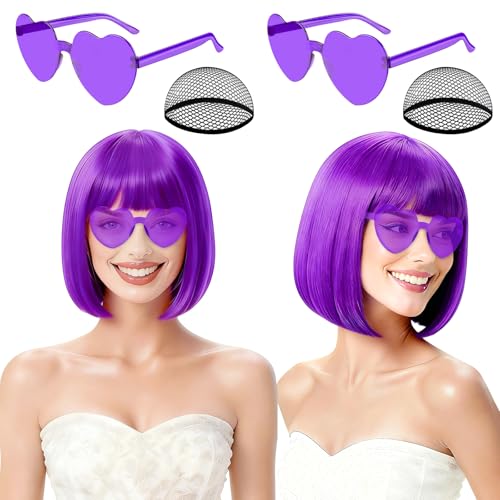 Image of 2 Pack Purple Bob Wig with Bangs Heart Sunglasses for Women, Neon Bobs Funny Party Wigs Synthetic for Adults Birthday Valentine's Day Bachelorette Mardi Gras Party Christmas Halloween Costume