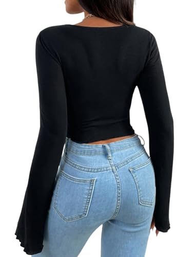 Avanova Women's Long Sleeve Square Neck Crop Top Twist Front Asymmetrical Shirt2