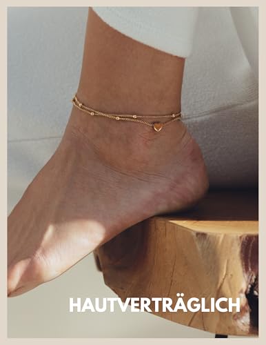 GD GOOD.designs Fußkettchen Herz Gold für Damen - Wasserfest I Mehrreihige Fußkette - Verstellbar I Filigraner Edelstahl Fußschmuck mit 18K Vergoldung