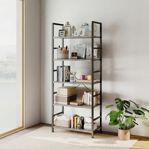 Image of DUMOS 5 Tiers Bookshelf, Classical Book Shelf, Tall Display Shelves in Living Room /Home /Office, Storage Organizer for CDs /Books /Movies, Wood Grey