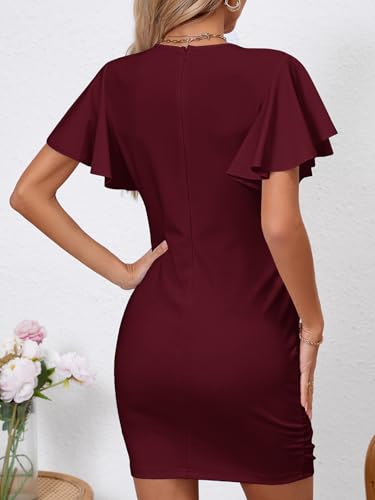 Image of Women's Sexy V Neck Ruffle Sleeve Bodycon Mini Cocktail Party Dress Casual Short Sleeve Work Dress