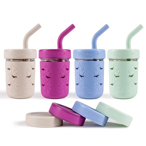 Image of Pandaloo Mason Jar Toddler Cup | 8 oz Glass Cups with Silicone Sleeve & Lids | Spill-Resistant Smoothie & Snack Cups for Kids | BPA-Free | Stainless Steel Inner Straw