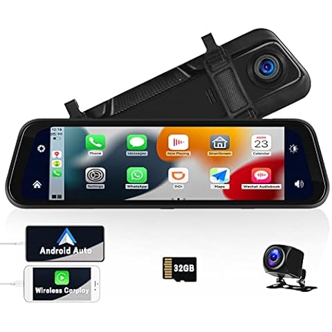 CAMECHO 9.66 Inch Mirror Dash Cam with Wireless CarPlay and Android Auto, Front Dash Cam & Reverse Camera with 32G TF Card, HD Touchscreen, Bluetooth, AUX/FM, Voice Control, Loop Record, Night Vision Cover
