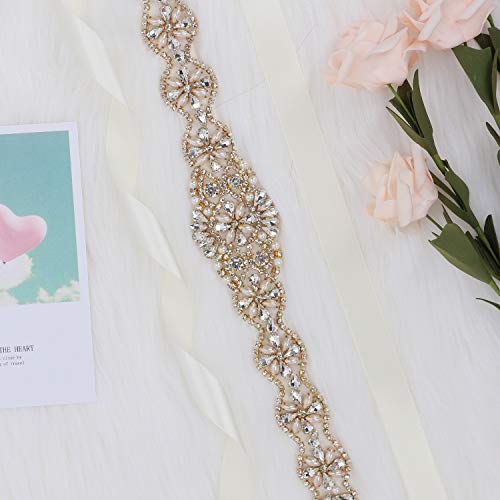 Tendaisy Women's Beaded Rhinestone Pearls Wedding Dress Belt Bridal Sash For Bridesmaid(Gold-Ivory) #TOP4