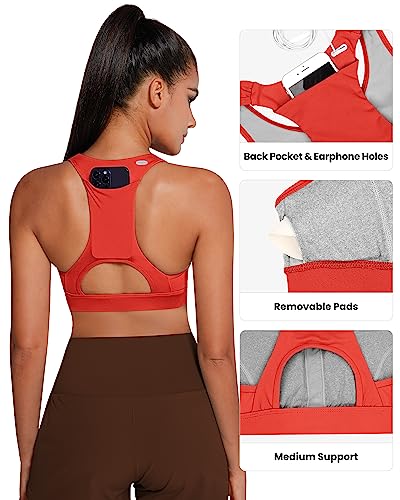 Image of QUEENIEKE BareFlow Women's Sports Bras with Phone Pocket Medium Impact Padded Racerback Workout Gym Crop Top Running Yoga Bra