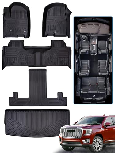 BAMACAR for GMC Yukon for Chevrolet Chevy Tahoe 2021-2025 2026 Floor Mats & Cargo Liner(7 Seats) for Yukon Denali(Not XL)/for Tahoe Accessories(Only 2 Row Bucket Seats) All Weather Car Rubber Carpet