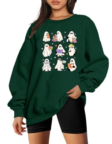 ZTLUOGF Halloween Ghost Reading Books Sweatshirts Women Spooky Season Sweater Cute Bookish Shirt Fall Pullover Tops Green