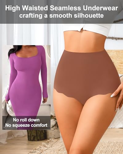 ASIMOON Seamless Underwear for Women No Show High Waisted Panties Tagless Wave Edge Full Coverage Ladies Briefs Multi Pack4