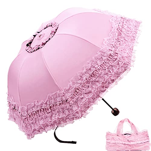 URAWESO Parasol en dentelle rose - Protection UV - Parapluie de voyage pour gothique Lolita Kawaii Cosplay Mariage (doublure imprimée fleur)