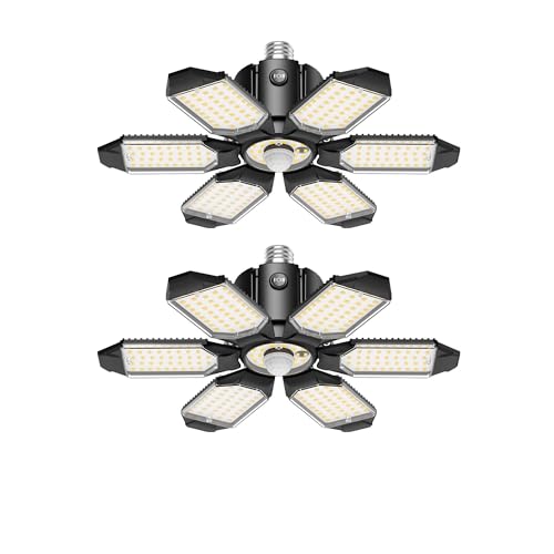 Motion Sensor Garage Light 200W 20000LM, 2Pack Deformable LED Ceiling Light with 360° Detection & 3 Modes - 6500K Motion Sensor Light Indoor Bulb for Basement/Workshop 6+1 Panels Screw-in