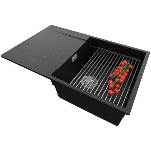 PRIMAGRAN Evier Cuisine en Granit Noir Métallisé 78x50cm, Lavabo 1 bac + Set d’accessoires, Évier à Encastrer al mueble 50cm - San Francisco S022