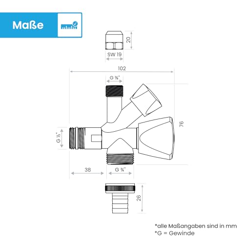 Bächlein Universal Messing, Kombi-Eckventil selbstdichtend, Kombinations-Eckventil für Kalt- und Warmwasserleitungen mit vielfältigen Anschlussmöglichkeiten, Eckventil