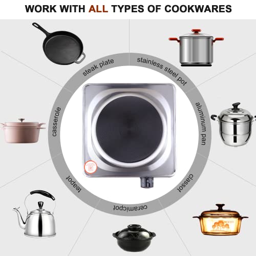 Haitop Countertop Burner Electric Single Burner Stainless Steel 1000 Watts Electric Hot Plate 6 Temperature Controls Power Indicator Lights Easy To Clean #TOP4