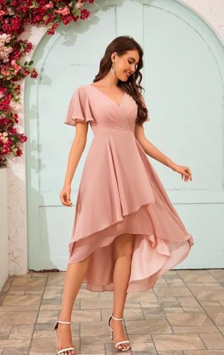 POMUYOO High Low Bridesmaid Dresses Chiffon V-Neck Short Sleeve Ruched Modest Formal Gowns for Wedding4