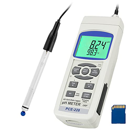 PCE Instruments PCE-228HTE pH Meter, for Lab & Food QC, Measures pH 0.00…14.00, mV ±1999, Temp 0…100°C / 32…212°F, with Data Logger, USB, Replaceable Electrode & Backlit LCD