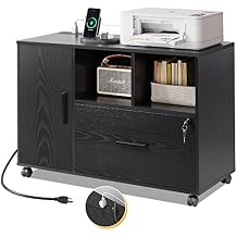 DEVAISE File Cabinet with Charging Station, 1-Drawer Lateral File Cabinets with Lock for Home Office, Wooden Rolling Printer Stand with Shelves, Black