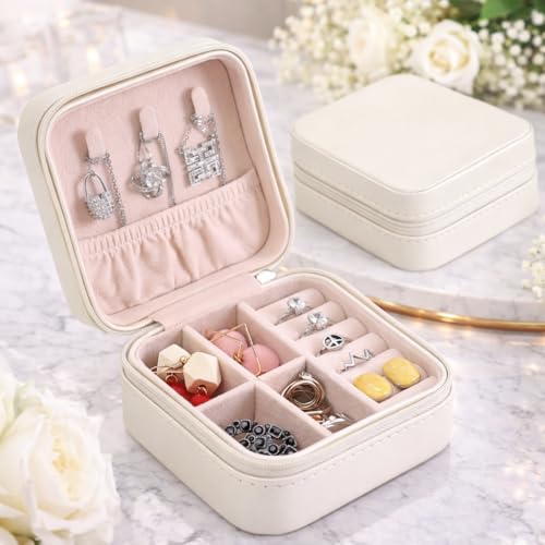 Image of Small Travel Jewellery Organiser Box, PU Leather, Pink, Portable Mini Square Case with Zipper and Dividers for Rings, Earrings, Necklaces, 10x10x5 cm (WHITE)