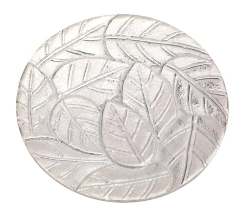 LivuX Assiette à bougie en aluminium aspect argenté - Diamètre 14 cm - Soucoupe ronde avec structure en feuilles pour bougies jusqu'à 12 cm - Protection décorative pour table et meubles - 1210