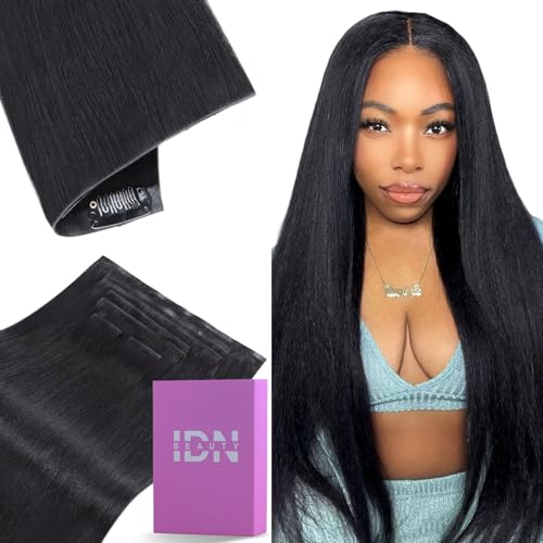 IDN BEAUTY Invisible Clip in Hair Extensions Human Hair, Yaki Straight Clip Ins 14 Inch 110g,5pcs Invisible Edge and 2pcs Seamless Clip ins for Women,Natural Black Hair for Daily Wear