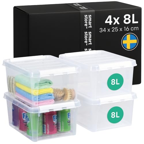 SmartStore - 4x Aufbewahrungsbox mit Deckel Classic 8L (34x25x16cm) | Stapelbare Box mit Deckel | Lebensmittelechte Kunststoffbox | Plastikbox mit Deckel & verstärkten Ecken | 10...