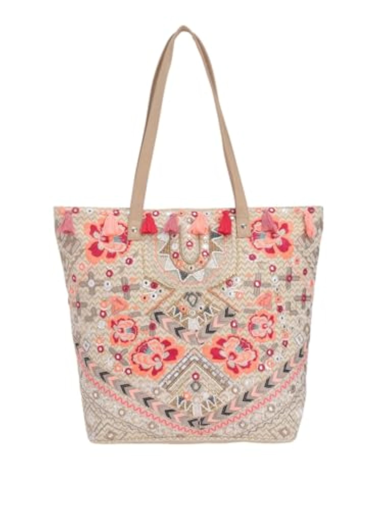 Woven Beach Tote Bag with Tropical Leaf Embroidery